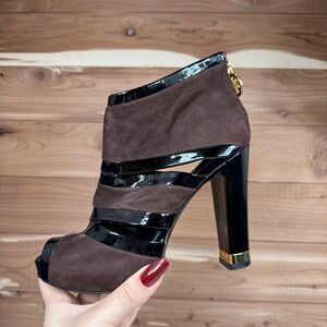 Tory Burch Women's Suede Patent Leather Peep Toe Boot‎ Bootie Brown Size 8